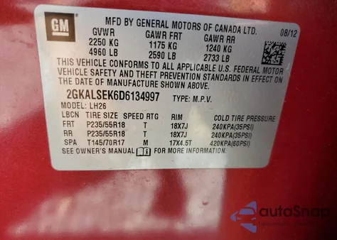 2013 GMC Terrain Sle from USA, damaged, VIN 2GKALSEK6D6134997